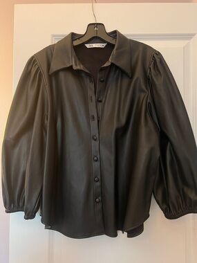 Zara Black Faux Leather Button-Front Shirt with Puff Sleeves